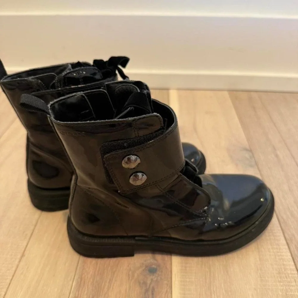 Kids GEOX black patent leather boots Sz 12y  #leather #boots